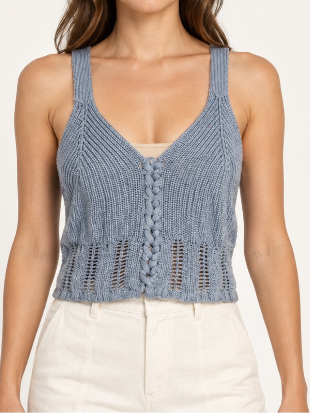 Ribbed Blue Sleeveless Fitted Tank Top